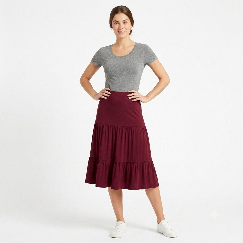 Double Take Skirt Womens XS Burgundy Tiered Maxi Boho Elastic Waist Wine Red